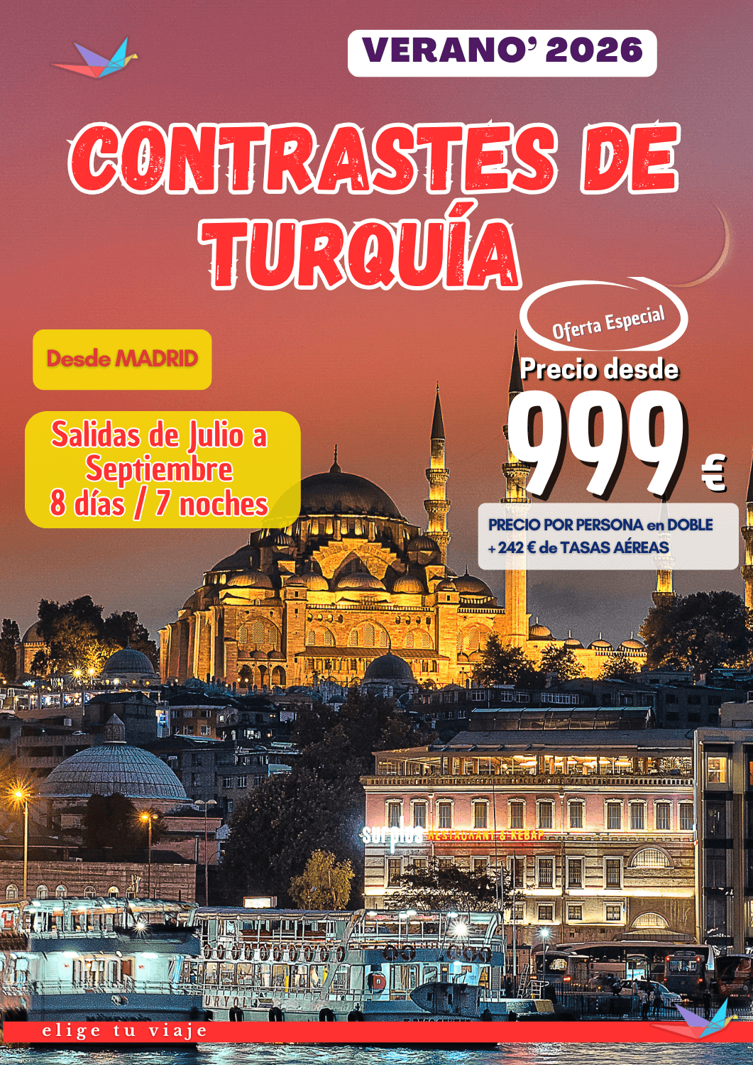 Circuito CONTRASTES DE TURQUÍA - Verano 2026 desde Madrid (8 días / 7 noches). Incluye: vuelo regular Madrid-Ankara-Estambul, Estambul-Esmirna y Ankara-Madrid (con maleta facturada de 15 kg); 7 noches en los hoteles previstos o similares según opción elegida, en habitaciones estándar con baño-ducha privado; régimen según indicado en programa (7 desayunos + 5 cenas); visitas/excursiones indicadas en el programa con guía local de habla hispana y entradas; traslados aeropuerto-hotel-aeropuerto y seguro turístico de viaje (inclusión), para agencias de viajes con ELIGE TU VIAJE.